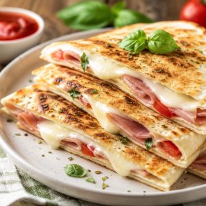 Rețetă de lipie umplută cu șuncă și mozzarella la tigaie. Gustarea crocantă care se face în doar 15 minute