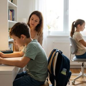 Postura corectă a copilului la birou și la tabletă: 5 exerciții de un minut, pentru pauze, ca să nu ajungă la kinetoterapeut